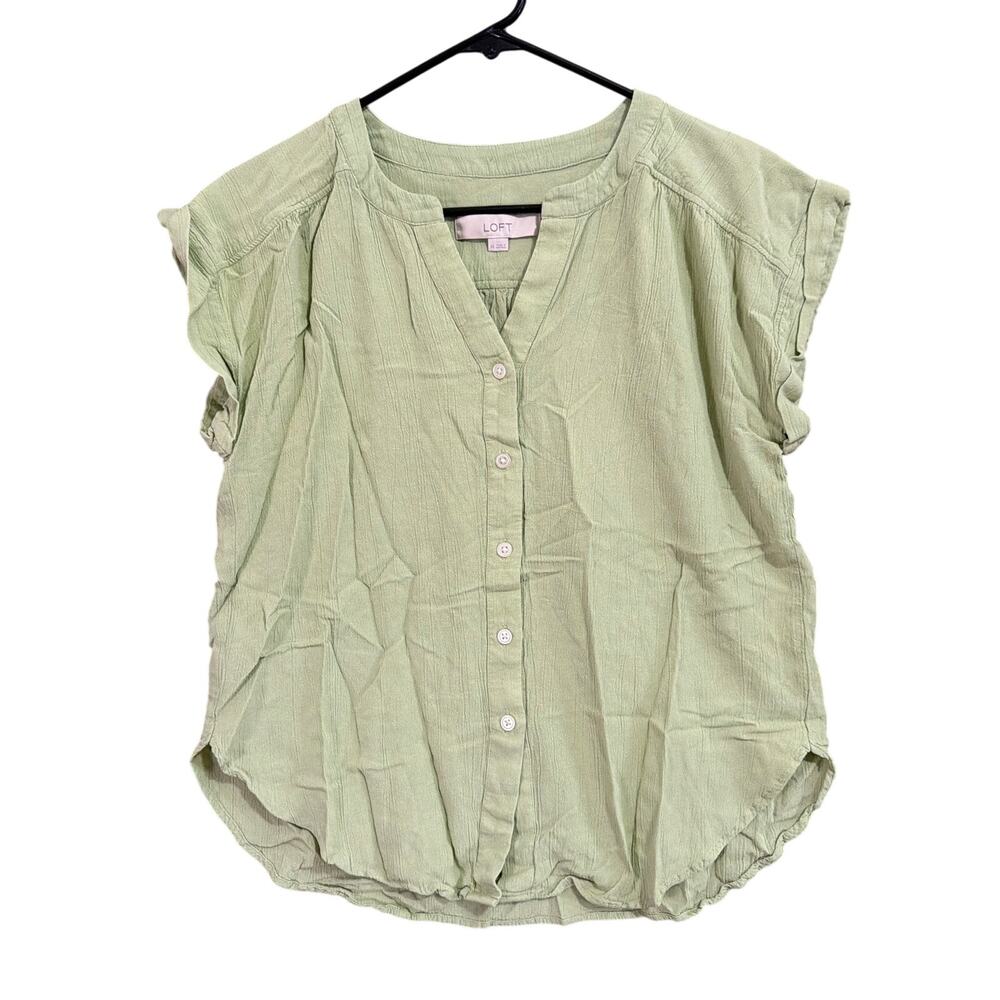 LOFT Womens Blouse Green Cap Sleeve Button Down V Neck Linen Blend XS